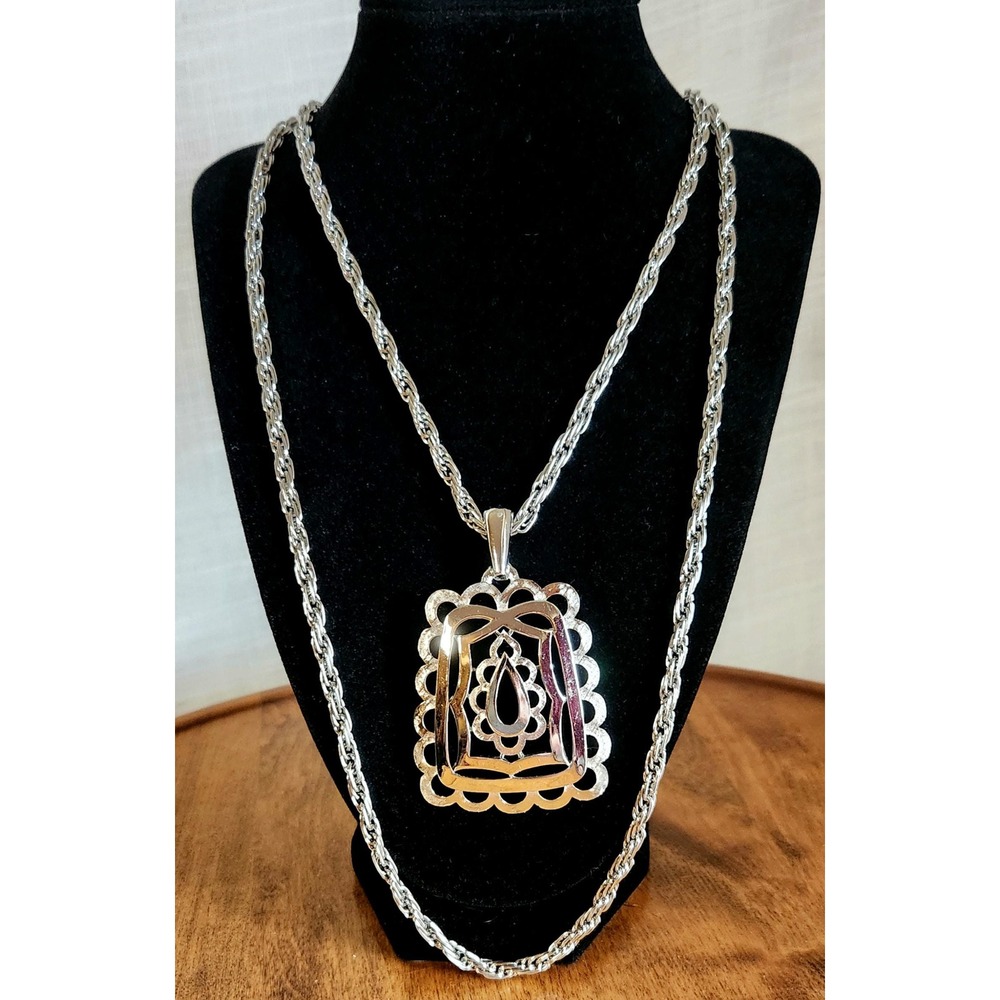 Signed Crown Trifari Filigree Pendant Necklace Silver Tone Vintage MCM